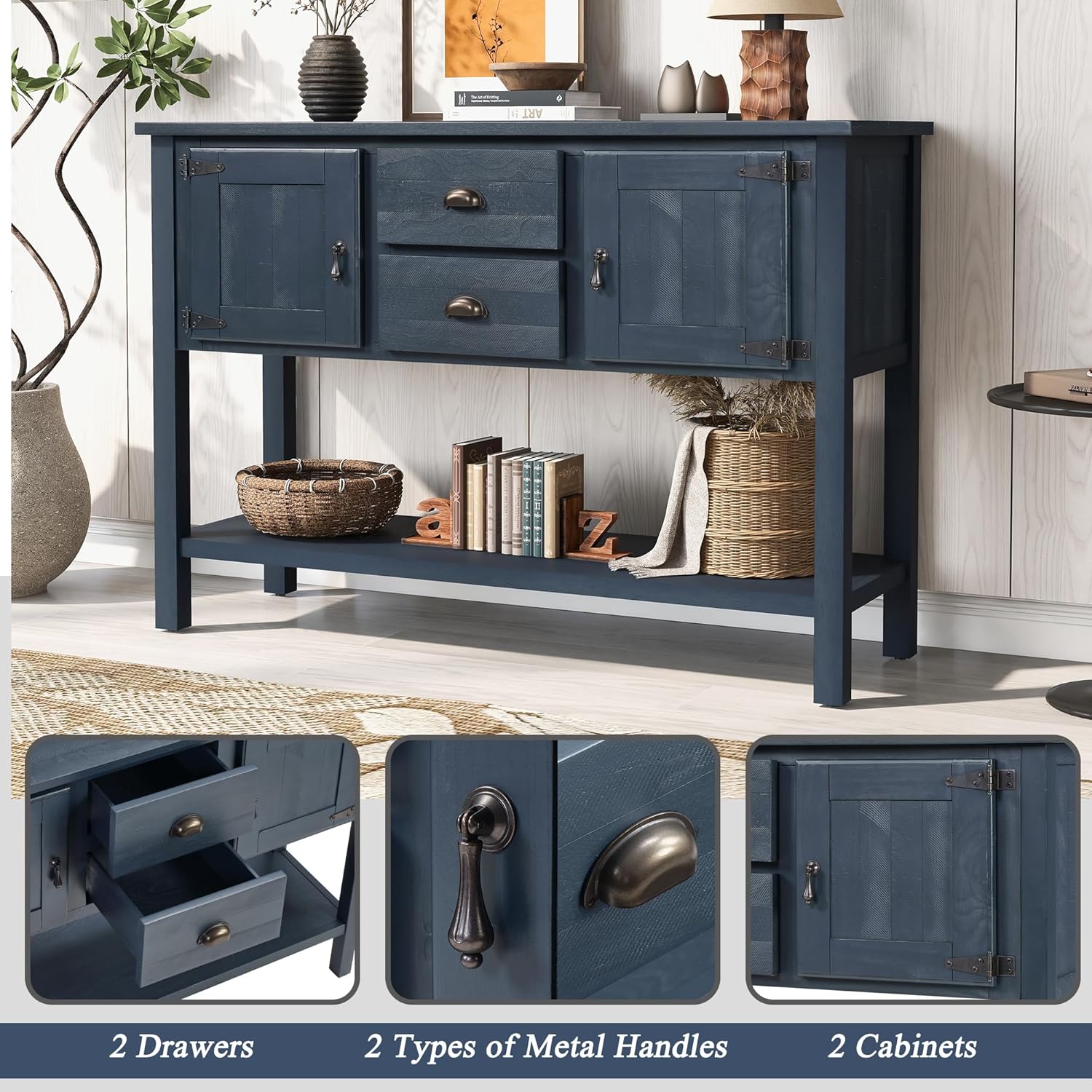 LKTART Solid Wood Farmhouse Console Table,Sofa Table with Storage Drawers and Shelves,Entryway Table for Entry Hallway Foyer Sofa Side Table,EasyAssembled (48" Navy Blue)