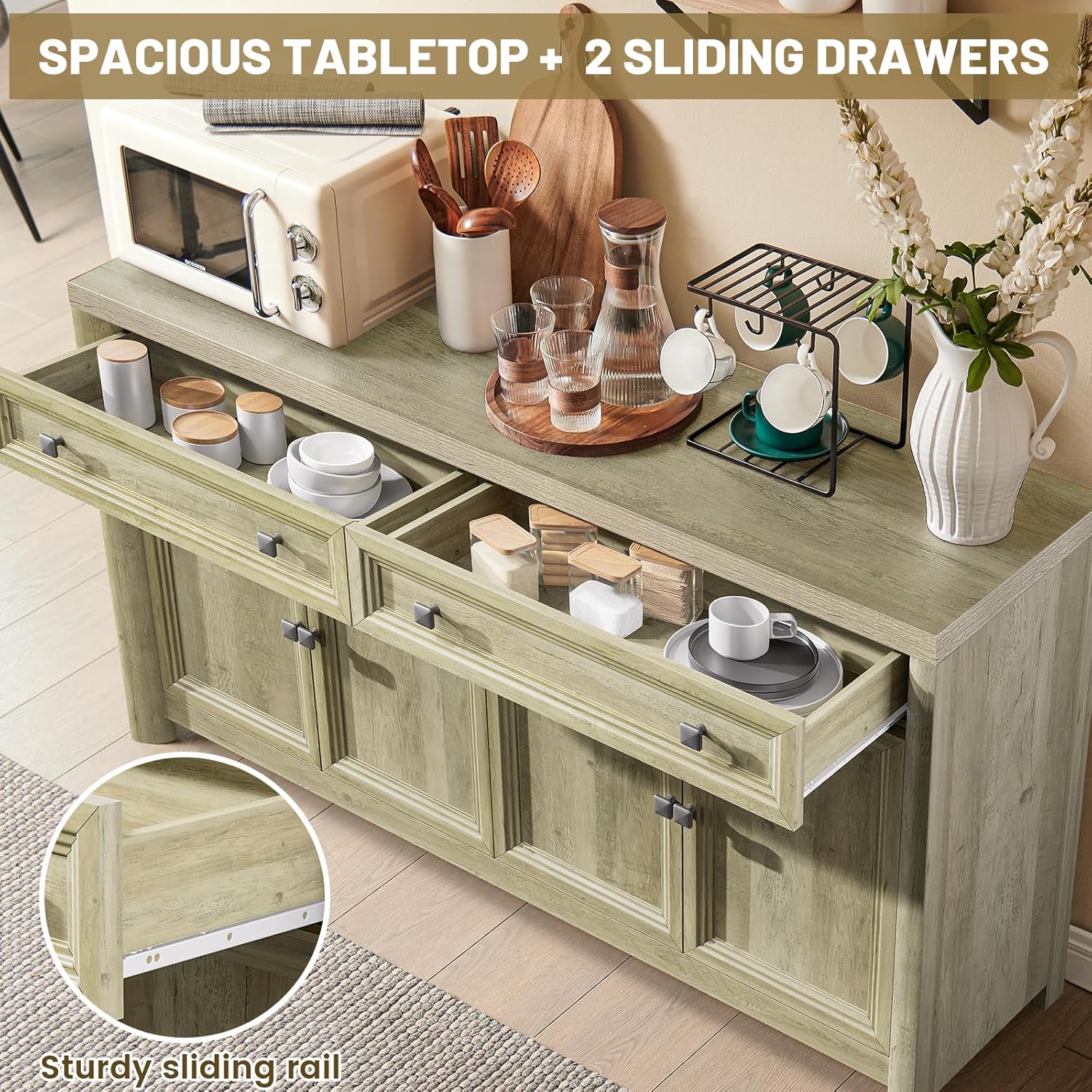 Standifurno Farmhouse Buffet Cabinet with Storage, 59" Large Sideboard Credenza with Adjustable Shelves & 4 Doors, Wood Rustic Kitchen Coffee Bar Console for Table Living Room, Natural