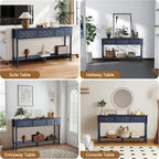 weselon 55.5" Carved Console Table with 3 Drawers, 2-Tier Sofa Table with Glossy Floral Surface and Solid Wood Legs, Mid-Century Modern Entryway Table for Living Room Hallway (Midnight Blue)