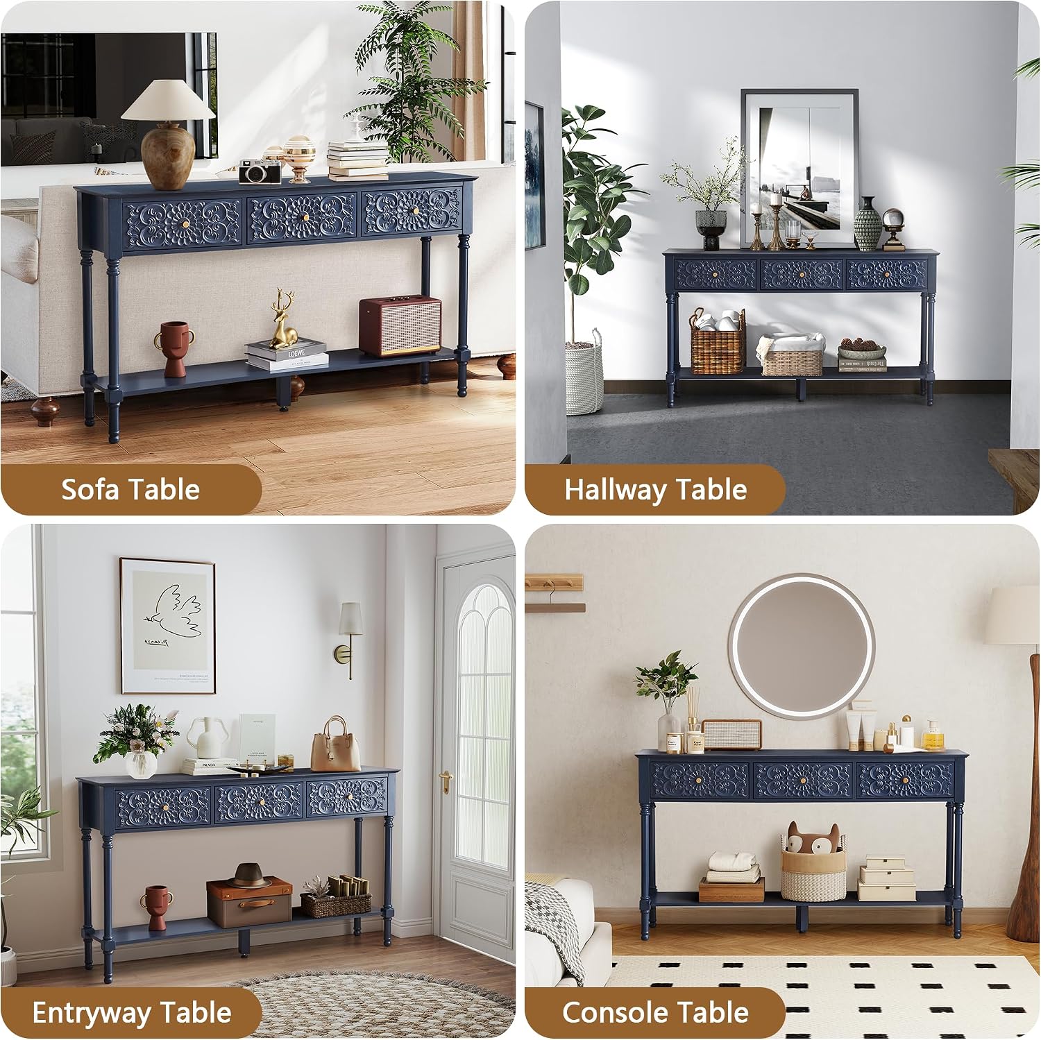 weselon 55.5" Carved Console Table with 3 Drawers, 2-Tier Sofa Table with Glossy Floral Surface and Solid Wood Legs, Mid-Century Modern Entryway Table for Living Room Hallway (Midnight Blue)