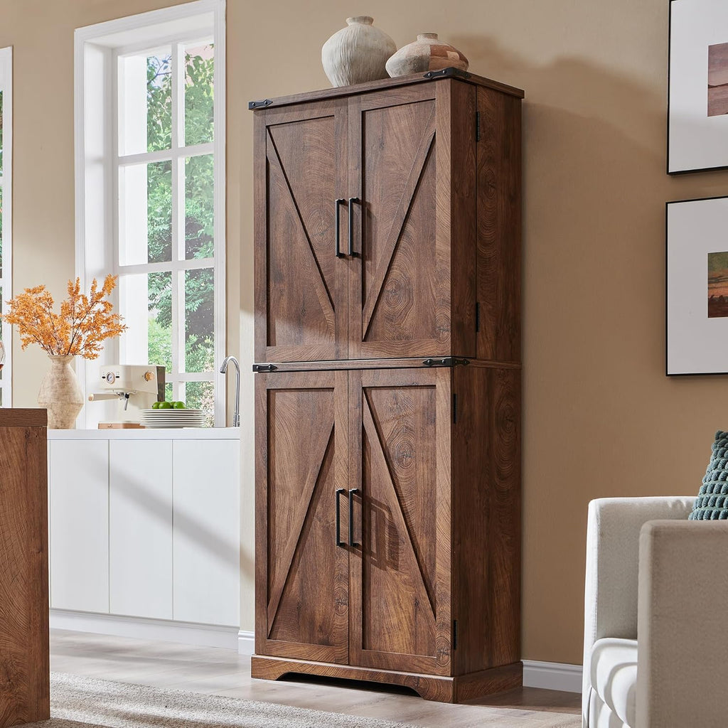 ACCOHOHO 72" Tall Kitchen Pantry, Farmhouse Storage Cabinet with Barn Doors, Organizer, Drawer and Adjustable Shelves, Rustic Wood Cupboard for Kitchen, Dining Room, Bathroom and Hallway, Walnut