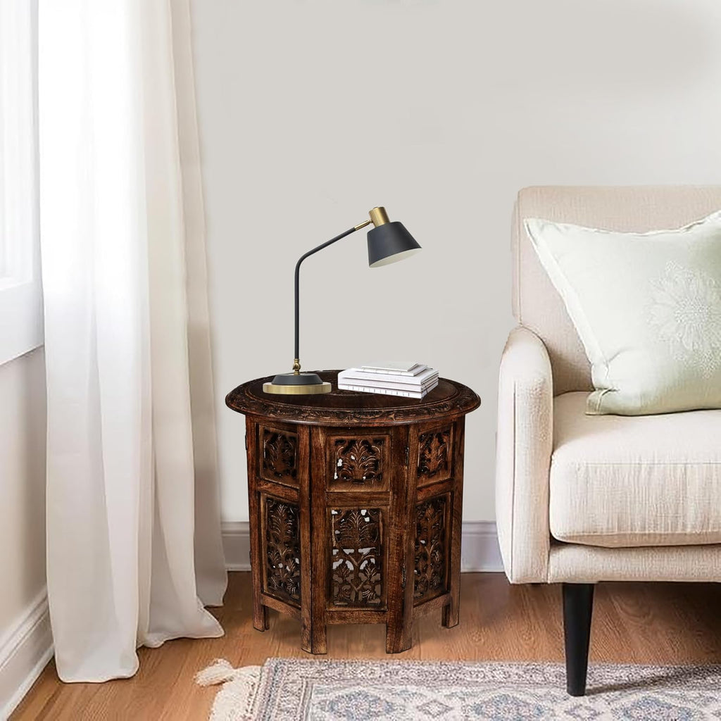 Round Wood Coffee Table - 18” Carved Small Accent Side Table with Burnt Finish, Wooden Altar Table, 18” Round Top x 18” Height, Perfect End Table for Living Room Decor