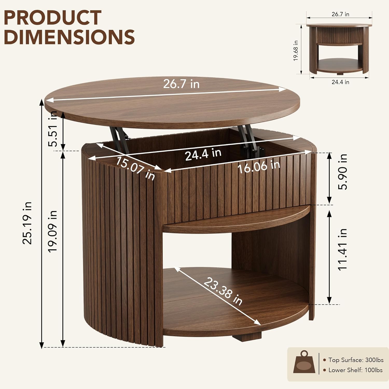 Decofy Round Lift Top Coffee Table with Storage, Fluted Mid-Century Modern Coffee Tables for Living Room, with Hidden Compartment & Open Shelves, for Small Spaces & Home Office(26.77" Walnut)