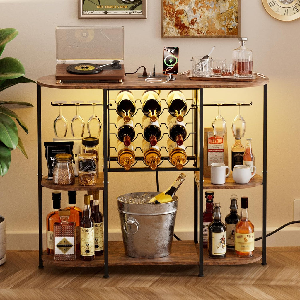 Gintan Wine Bar Cabinet with LED Lights, Mini Wine Bar Cart with Storage and Glass Holder Power Outlet Easy to Assemble, Home Bar Coffee Bar for Liquor, 3-Tier Bar Table for Kitchen&Dining&Living Room