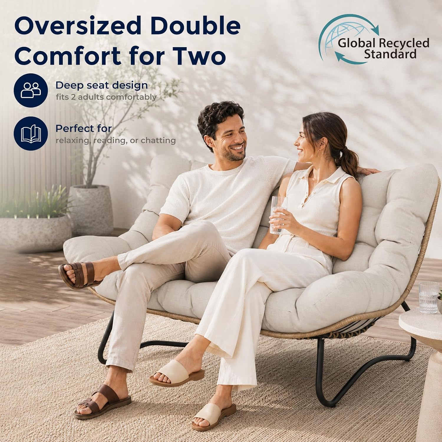 SWITTE Outdoor Papasan Loveseat, Oversized Double Wicker Egg Chair with Cushion, All-Weather Rattan 2-Seater Patio Lounge Chair for Balcony, Backyard, Poolside, Porch, Beige