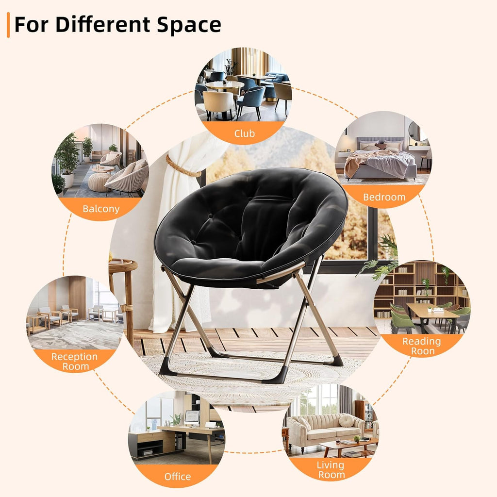 IDEALHOUSE Comfy Folding Padded Saucer Chair, Folding Circle Chair with Metal Frame, Soft Moon Chair for Bedroom, Dorm Rooms, Apartments, Lounging, Garden and Courtyard, Black
