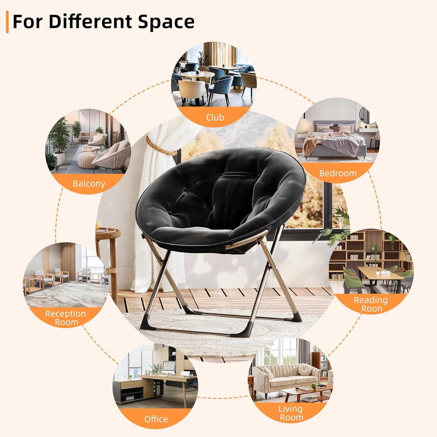 IDEALHOUSE Comfy Folding Padded Saucer Chair, Folding Circle Chair with Metal Frame, Soft Moon Chair for Bedroom, Dorm Rooms, Apartments, Lounging, Garden and Courtyard, Black