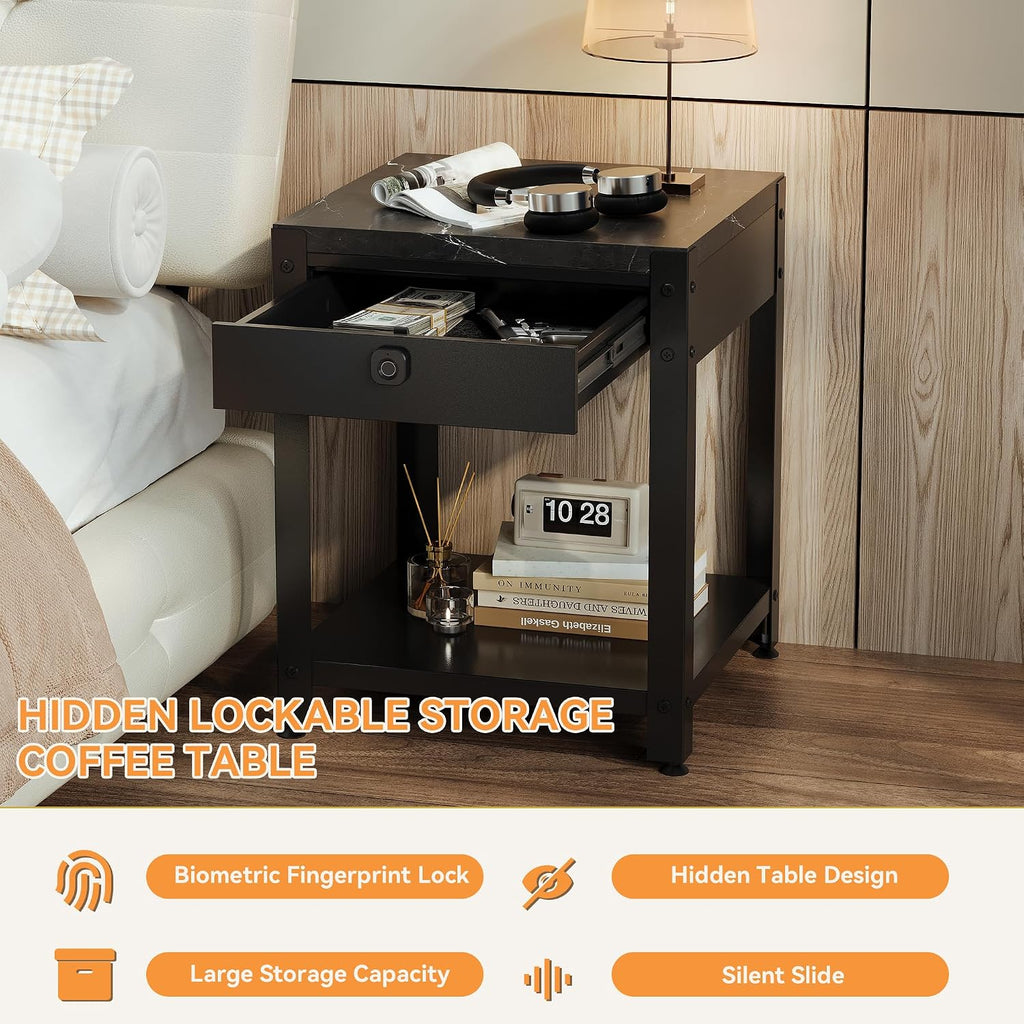 Modern End Table with Hidden Locking Compartment, Nightstand with Biometric Fingerprint Lock Drawer, Side Table with Open Shelf, Waterproof Top, for Bedroom & Living Room, Black
