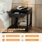 Modern End Table with Hidden Locking Compartment, Nightstand with Biometric Fingerprint Lock Drawer, Side Table with Open Shelf, Waterproof Top, for Bedroom & Living Room, Black