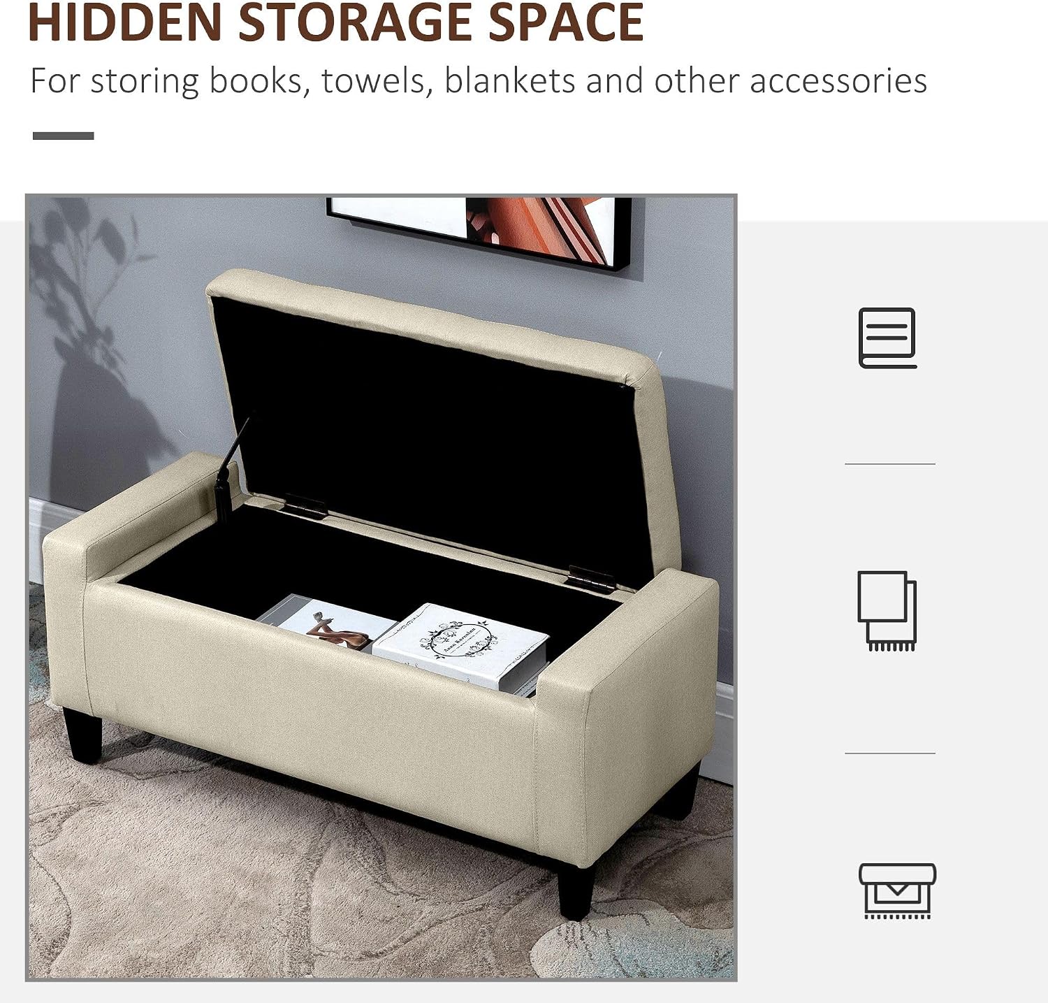 Classic Linen Tufted Storage Ottoman Bench Lift Top Beige Sophisticated Style Fabric Comfortable Seating Durable FFor rame
