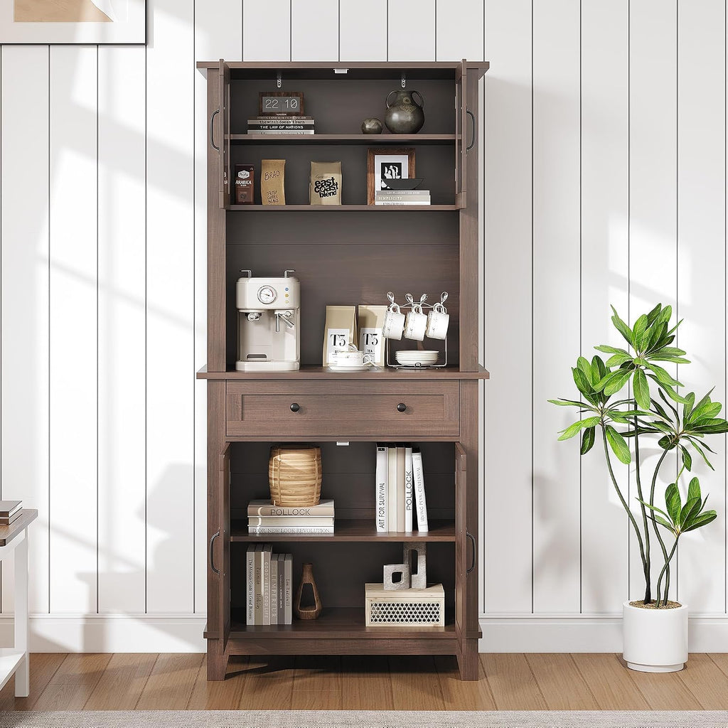 CAIBHOME Modern Kitchen Pantry Storage Cabinet, 72" Tall Coffee Bar Cabinet with 1 Large Storage Drawer, Kitchen Hutch Bar Cabinets, Dining Room, Living Room, Brown