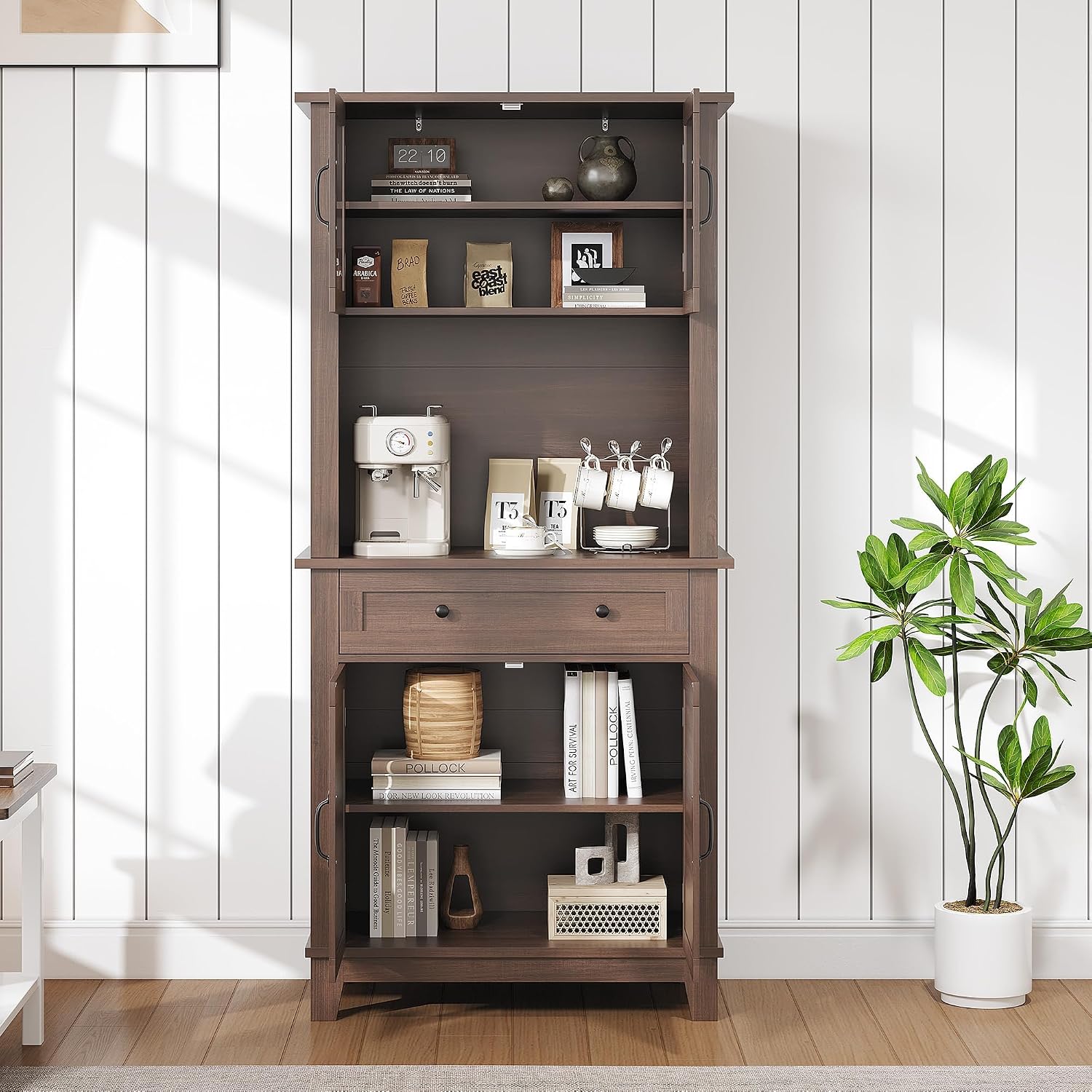 CAIBHOME Modern Kitchen Pantry Storage Cabinet, 72" Tall Coffee Bar Cabinet with 1 Large Storage Drawer, Kitchen Hutch Bar Cabinets, Dining Room, Living Room, Brown