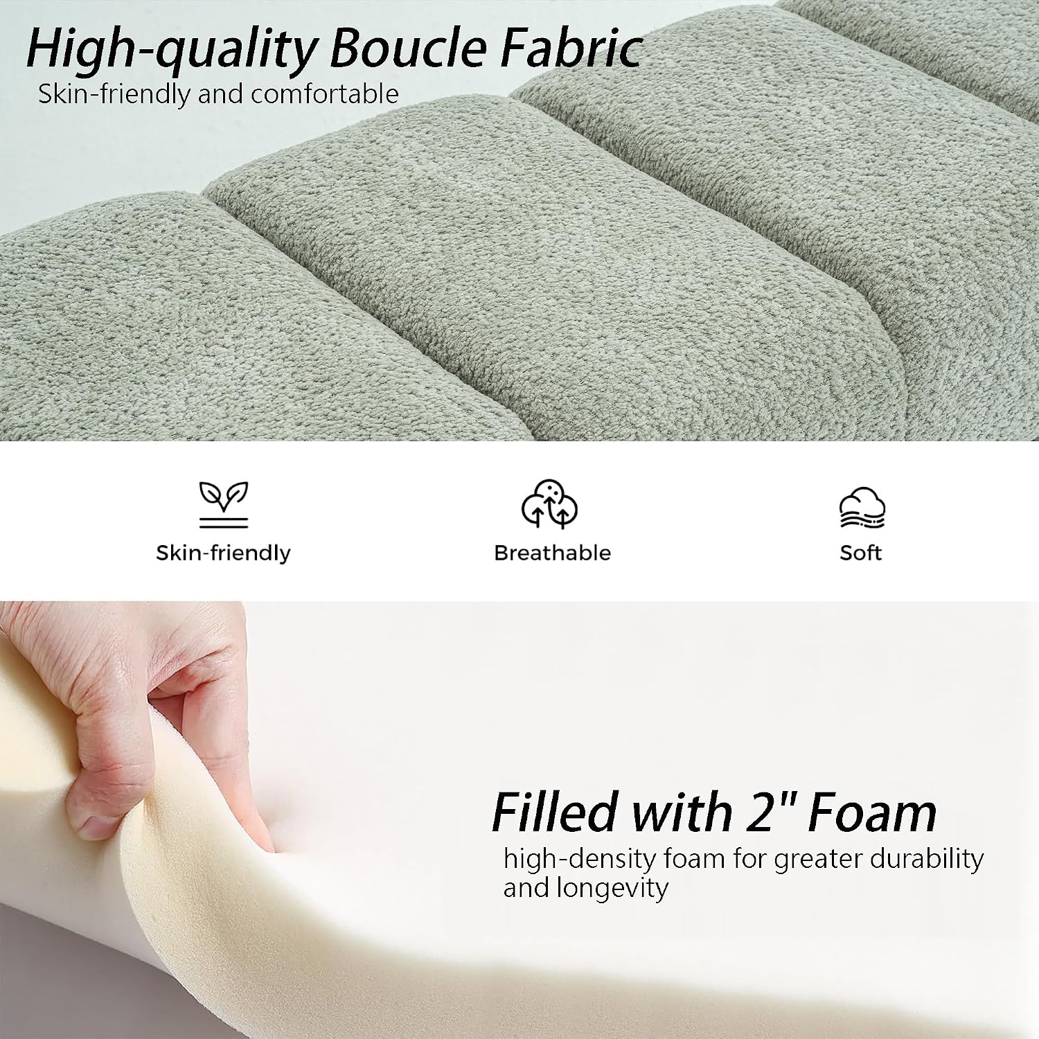 Boucle End of Bed Bench Upholstered Modern Bedroom Bench Channel Tufted Window Bench Comfy Long Ottoman for Living Room/Hallway/Indoor (SAGE, 54" Straight Arm)