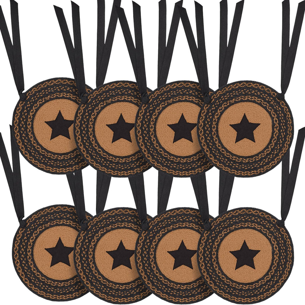 VHC Brands Farmhouse Star Primitive Chair Pad Seat Cushion, Round, Braided Jute, Black Tan, 15 inch, Set of 8