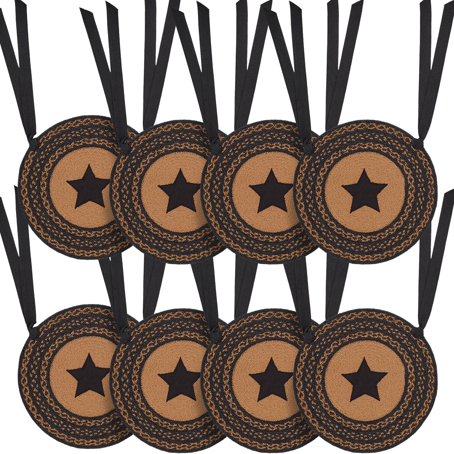 VHC Brands Farmhouse Star Primitive Chair Pad Seat Cushion, Round, Braided Jute, Black Tan, 15 inch, Set of 8