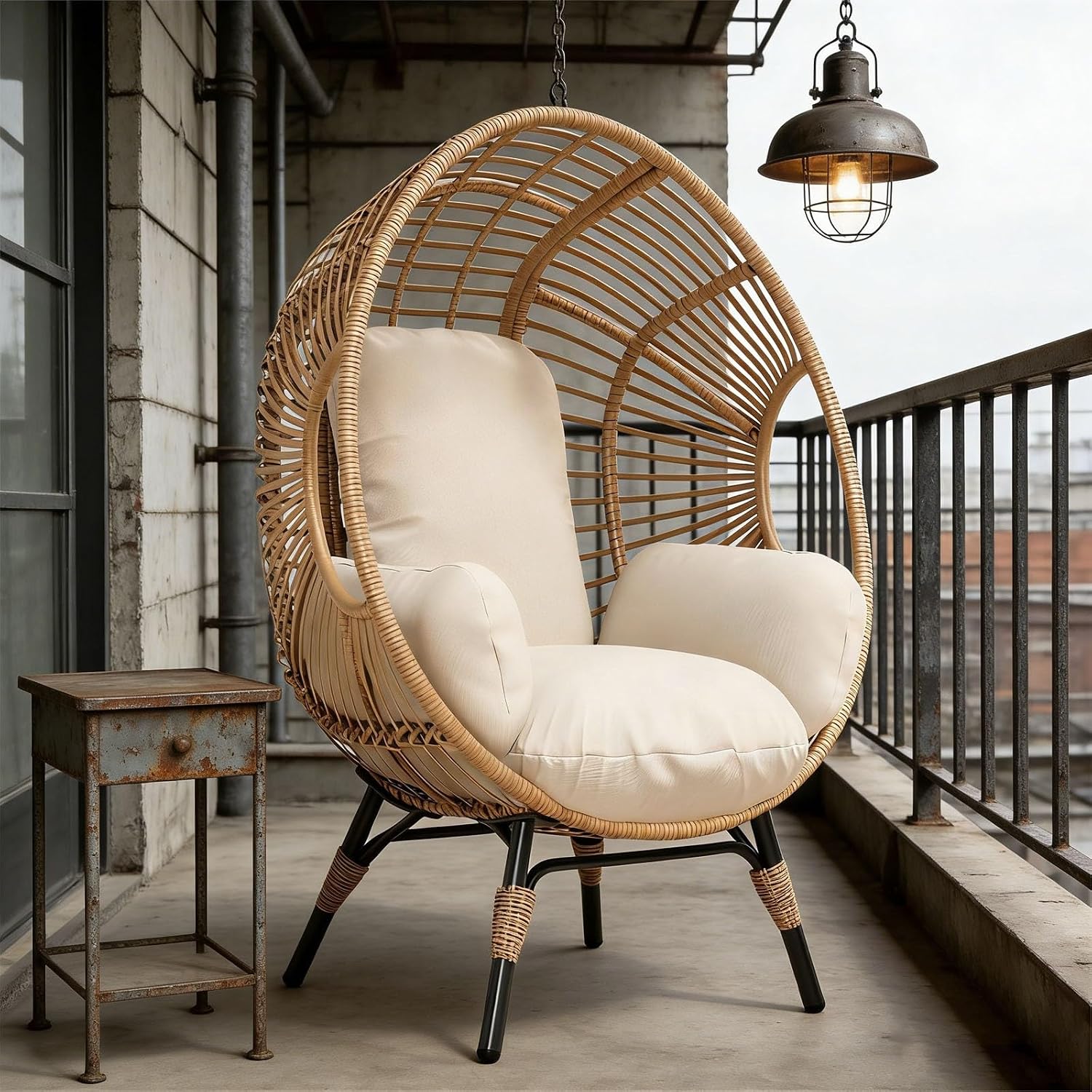 Indoor Outdoor Wicker Egg Chair, 400lbs Capacity, 8-Inch Cushion, Ergonomic Seat Balcony Chairs(Natural)