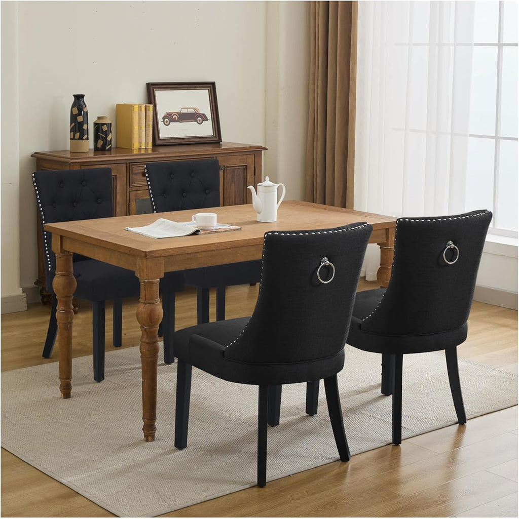 Upholstered Tufted Dining Chairs Set of 2, Fabric Side Dining Room Chairs with Nailhead Back Ring Pull Trim Solid Wood Legs(Black, 2PCS)