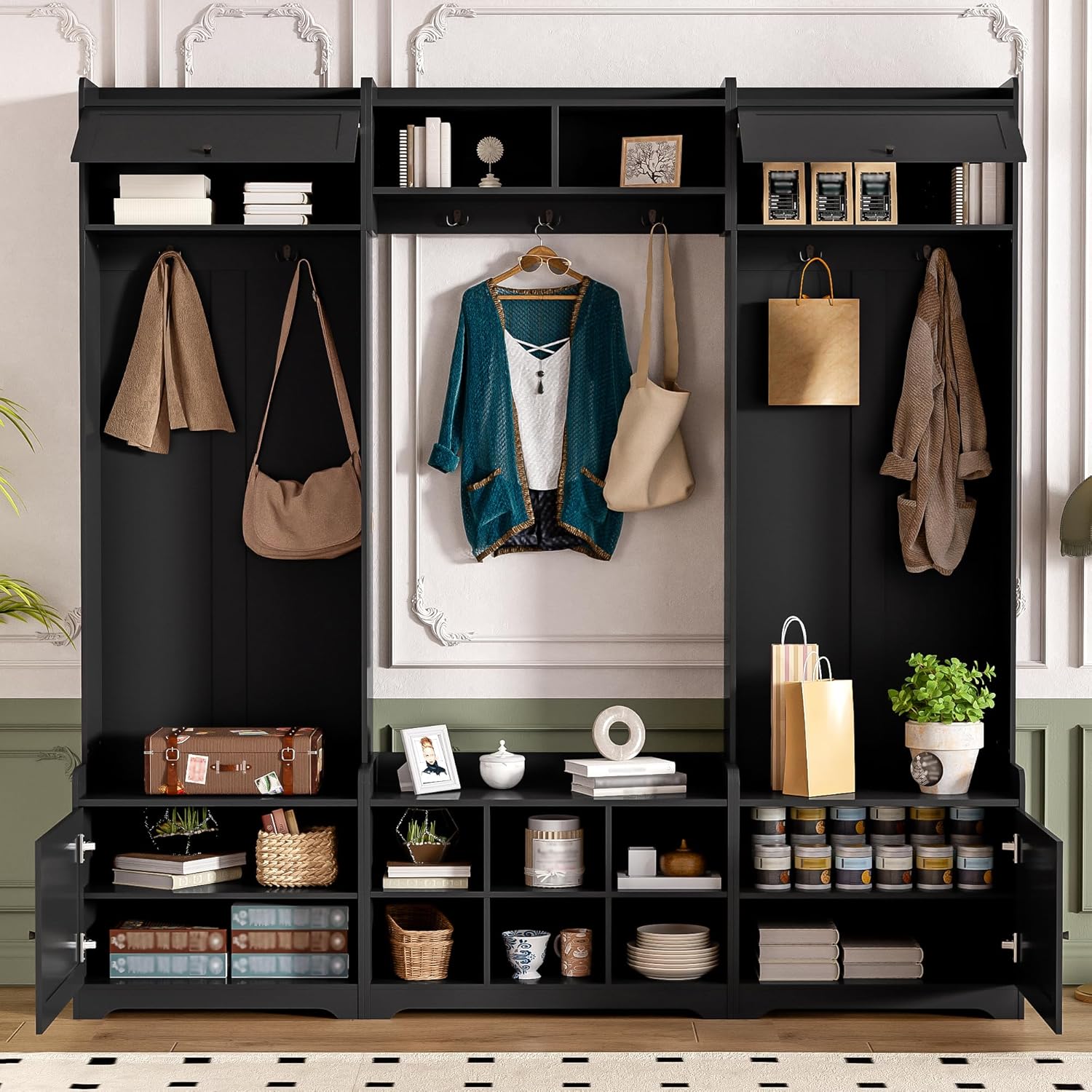 JIJIWANG 9.1''Wide Modern Hall Tree with Shoe Storage, 4-in-1 Multi-Functional Entryway Bench with 8 Cubbies, 7 Coat Hooks & Adjustable Shelf for Hallway, Living Room, Black
