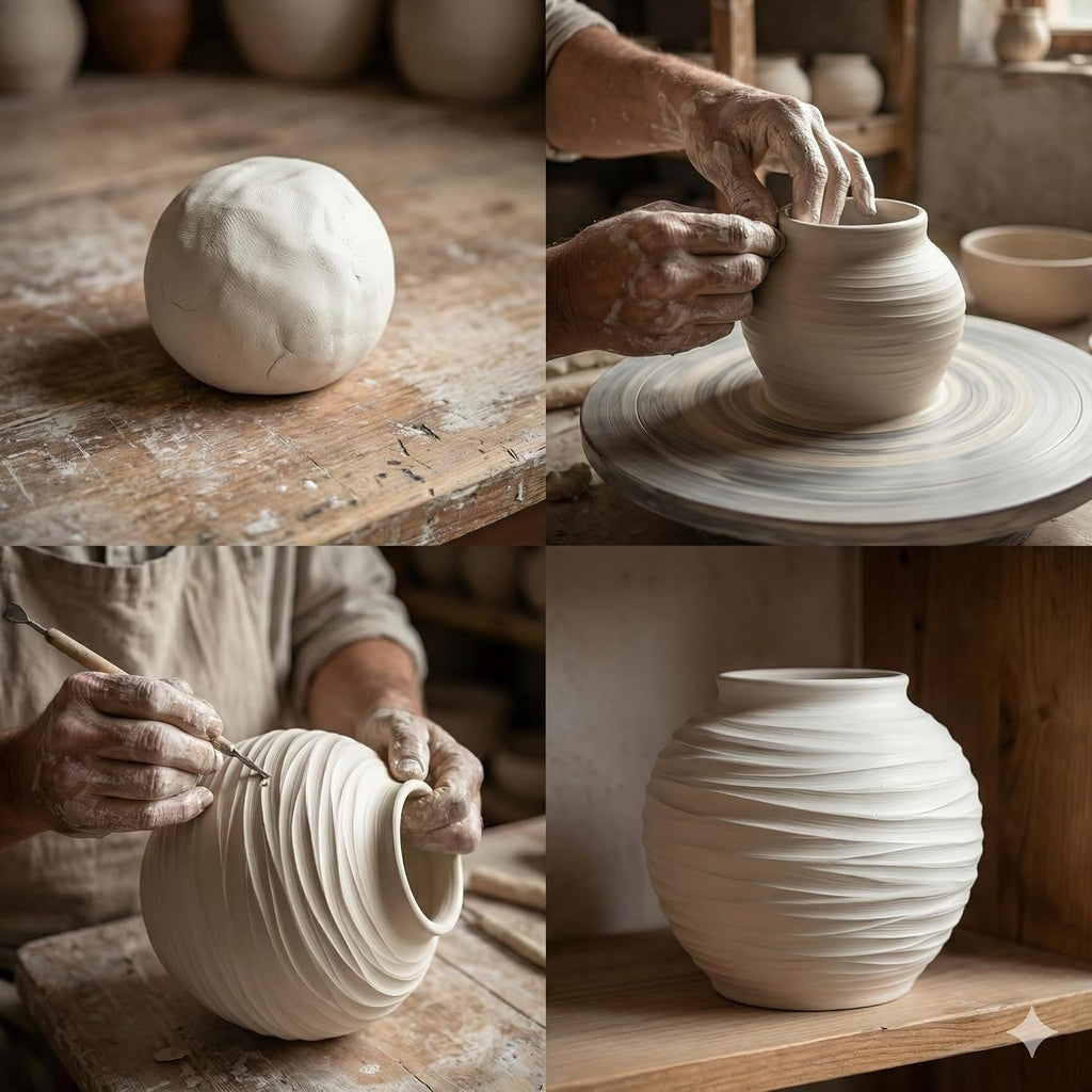 White Ceramic Vase for Home Decor - Rustic Farmhouse Flower Vase, Hand-Carved Spiral Texture, Decorative Round Pottery Vase for Living Room, Table, Shelf, Centerpiece (Matte White) - Large