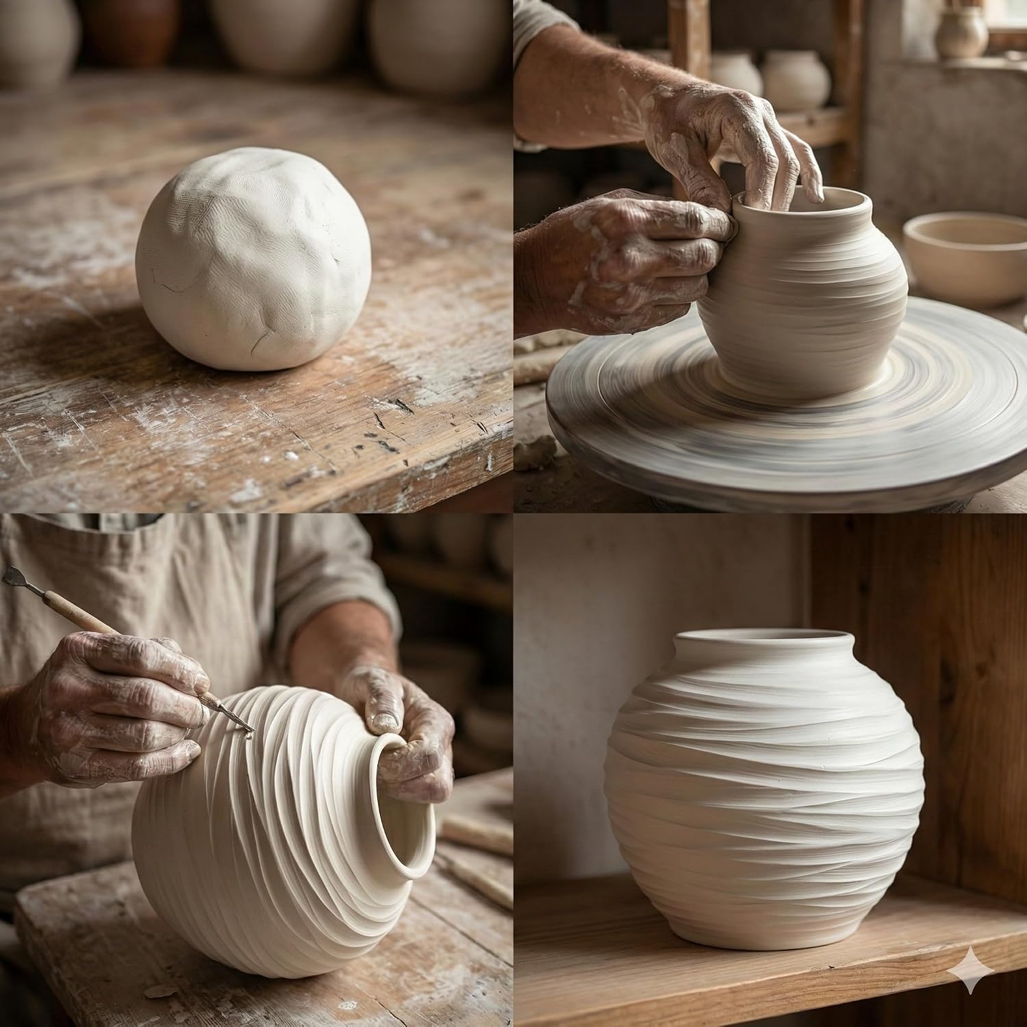 White Ceramic Vase for Home Decor - Rustic Farmhouse Flower Vase, Hand-Carved Spiral Texture, Decorative Round Pottery Vase for Living Room, Table, Shelf, Centerpiece (Matte White) - Large