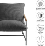Modway Raya Outdoor Patio Boucle Sling Chair in Charcoal - Comfy Sling Accent Chair - Metal Frame Lounge Chair with Removable Boucle Cushion and Faux Wood Arms for Porch, Deck, Backyard