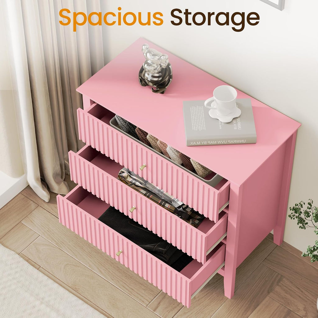 RoyalCraft 32" Large Nightstand Set of 2, Fluted Painted Bedside Table with 3 Spacious Drawers, Modern Tall End Table for Bedroom, Pink