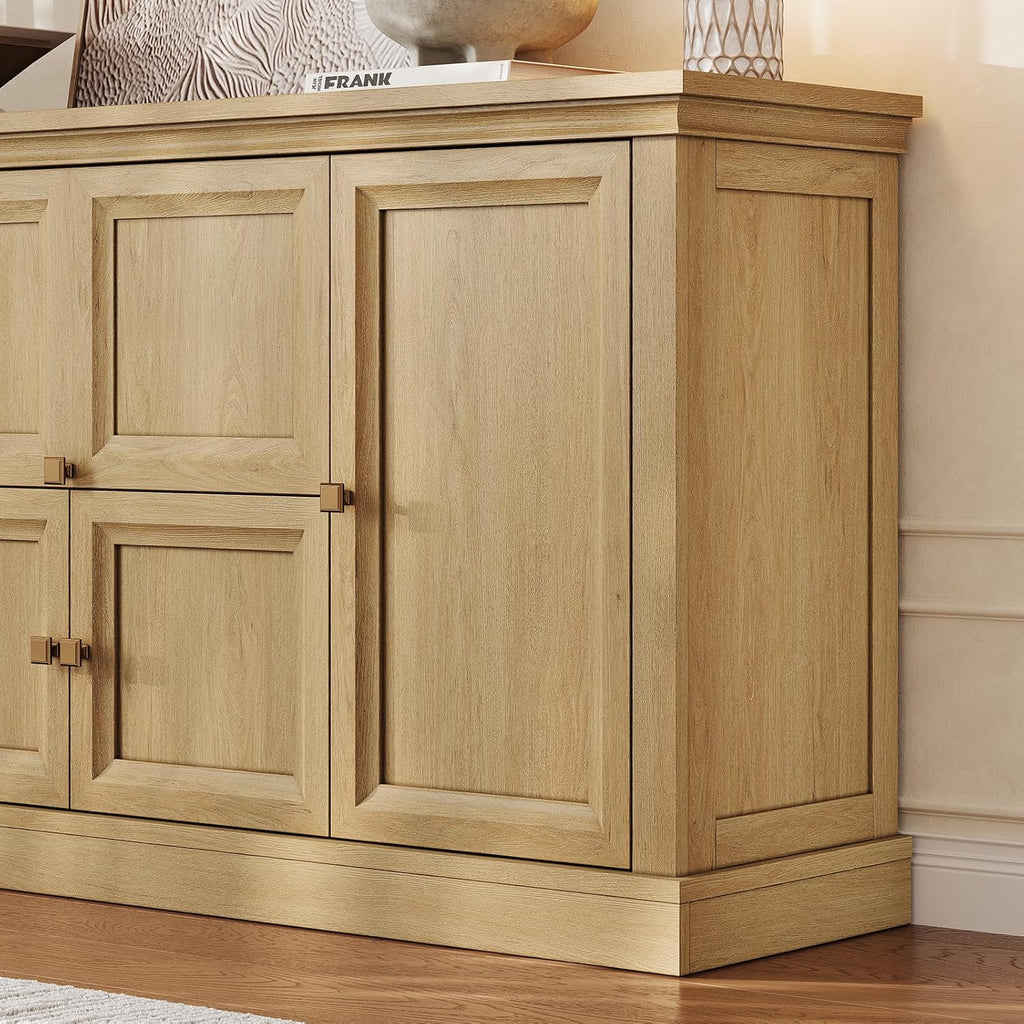 ONBRILL 63" Large Buffet Cabinet with Storage, Farmhouse Sideboard Cabinet with Grooved Barn Doors, Wood Rustic Kitchen Buffet Table Coffee Bar Storage Cabinet for Kitchen, Living Room (Natural)