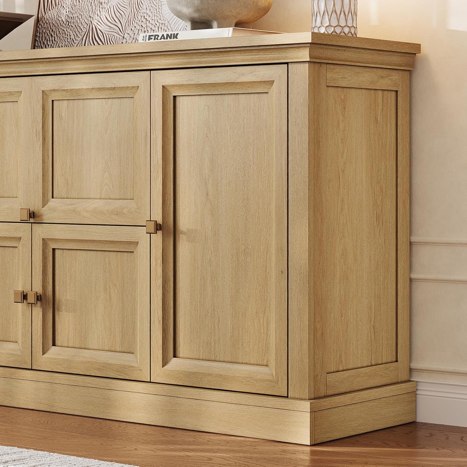 ONBRILL 63" Large Buffet Cabinet with Storage, Farmhouse Sideboard Cabinet with Grooved Barn Doors, Wood Rustic Kitchen Buffet Table Coffee Bar Storage Cabinet for Kitchen, Living Room (Natural)