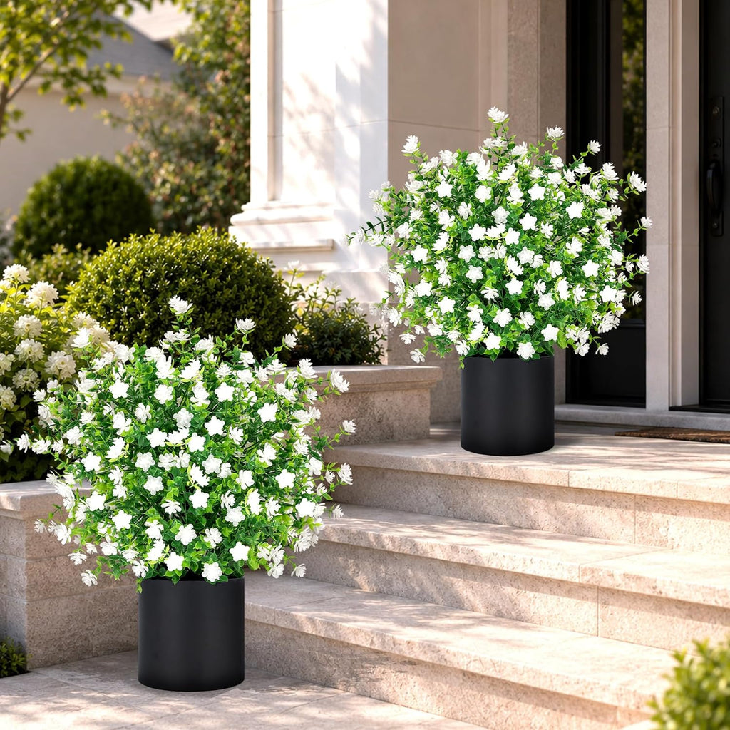 2 Pack Artificial Potted Boxwood Topiary Trees - UV Resistant Faux Outdoor Potted Plants, Spring Summer Greenery Fake Bushes for Front Door Farmhouse Garden Porch Outdoor Decor