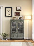 48" Farmhouse Sideboard Buffet Cabinet with 2 Drawers & 2 Glass Doors, Vintage Wood Credenza with Fixed Shelves, Kitchen Storage Cabinet for Dining Room & Living Room, Black+Grey