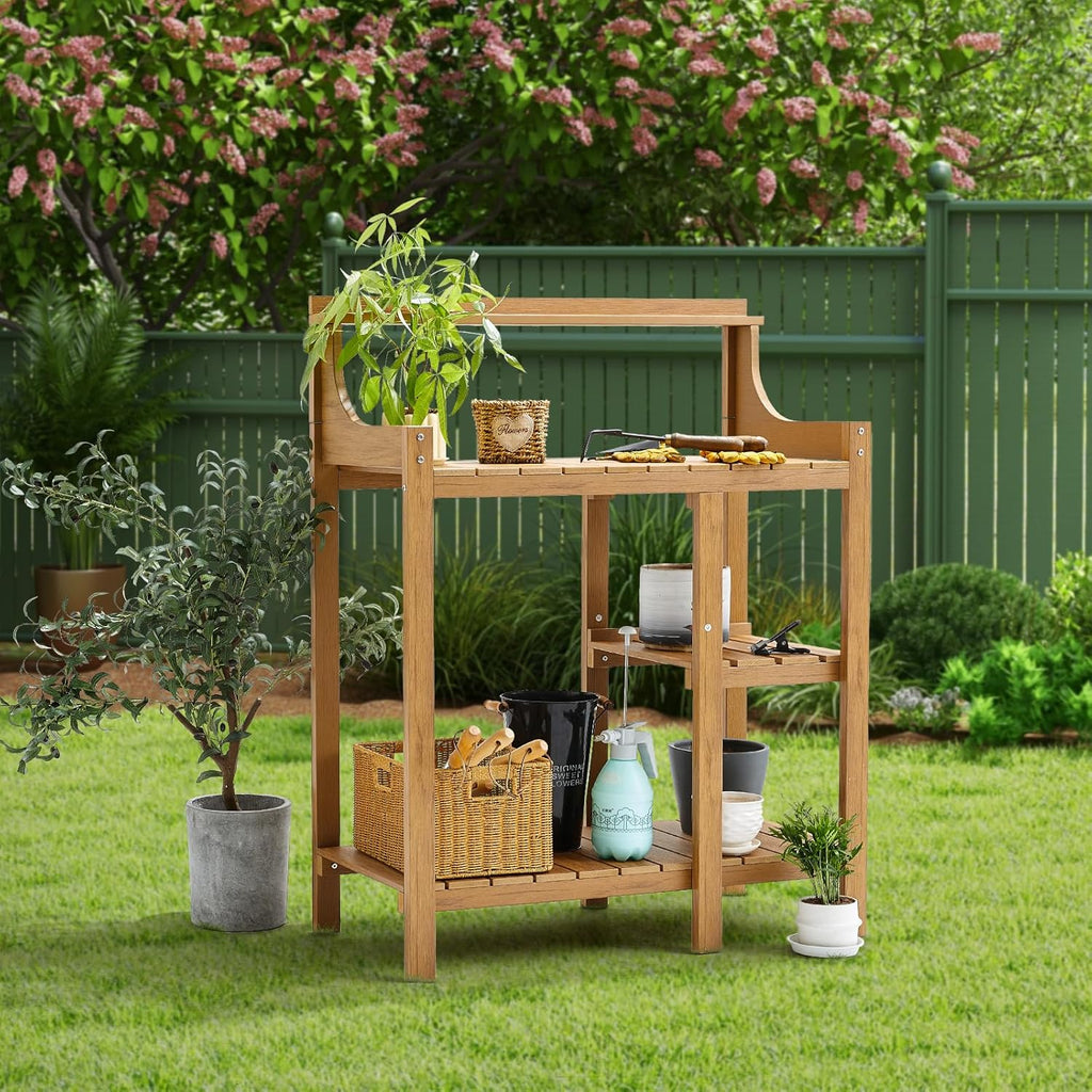LMP Potting Bench, HDPS Potting Bench Table, 37.5’’x17.5x50' (LxWxH) All Weather Potting Table Work Station for Outside Gardening, Like Teak Wood