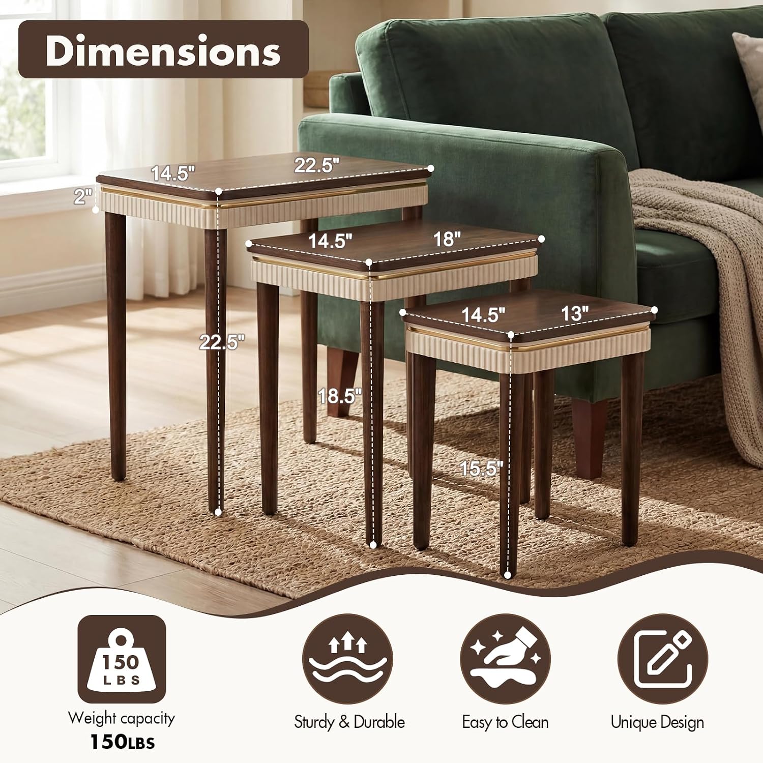 Hyfirm Walnut Side Table End Table Nesting Tables Set of 3, Retro Nesting Tables with Veneered Top & Gold Trim, Mid Century Modern Nesting Wood Coffee Tables for Living Room/Bedroom/Apartment