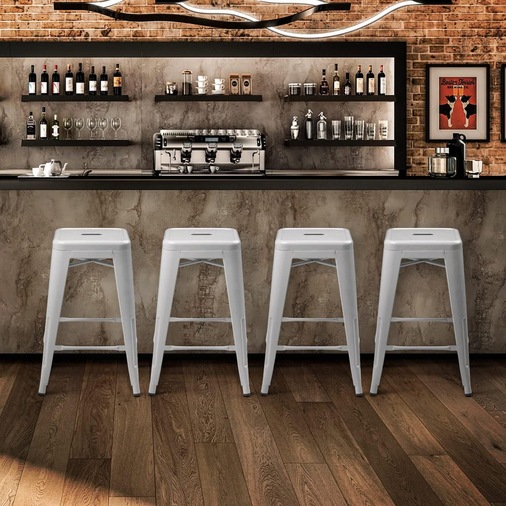 MoNiBloom Metal Bar Stools Indoor, 24 Inch Industrial Backless Stackable Counter Stools w/Square Seat Patio Furniture for Outdoor, White, Set of 4