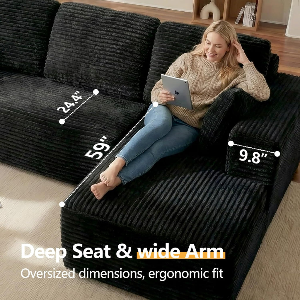 Modular Boneless L Shaped Sectional Couch, Cloud Style Sofa with Deep Seat Cushions, Sofa for Living Room and Apartment, Easy Assembly Couch in a Box (Black, 96" L Shape with Right Facing Chaise)
