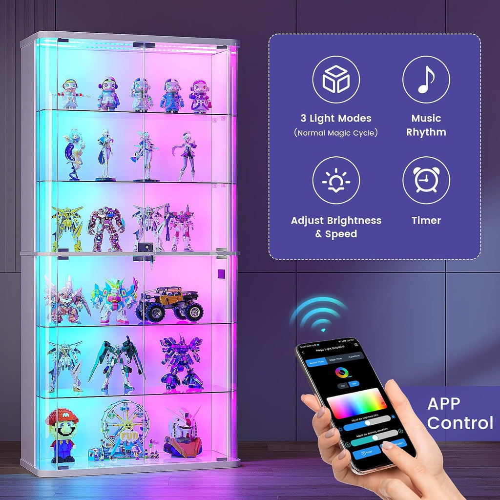 71" Tall Display Cabinet with Glass Doors, Rounded Curio Cabinet with Motion Sensor RGB Lights, 6-Tier Lockable Display Case for Collectibles & Action Figures, Trophy Case for Living Room, White