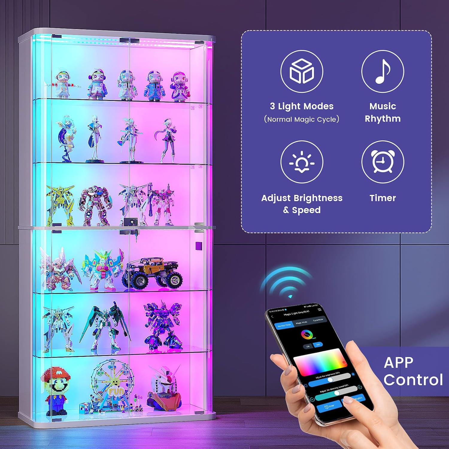 71" Tall Display Cabinet with Glass Doors, Rounded Curio Cabinet with Motion Sensor RGB Lights, 6-Tier Lockable Display Case for Collectibles & Action Figures, Trophy Case for Living Room, White