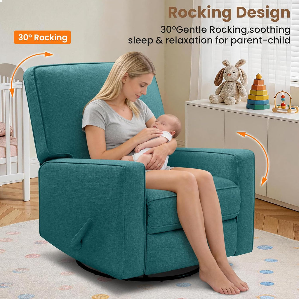 Swivel Rocker Recliner Chair, 360°Swivel Nursery Chair for Adults, Manual Reclining 30°Rocking Glider with Linen Fabric, Solid Wood & Metal Frame, Living Room, Bedroom