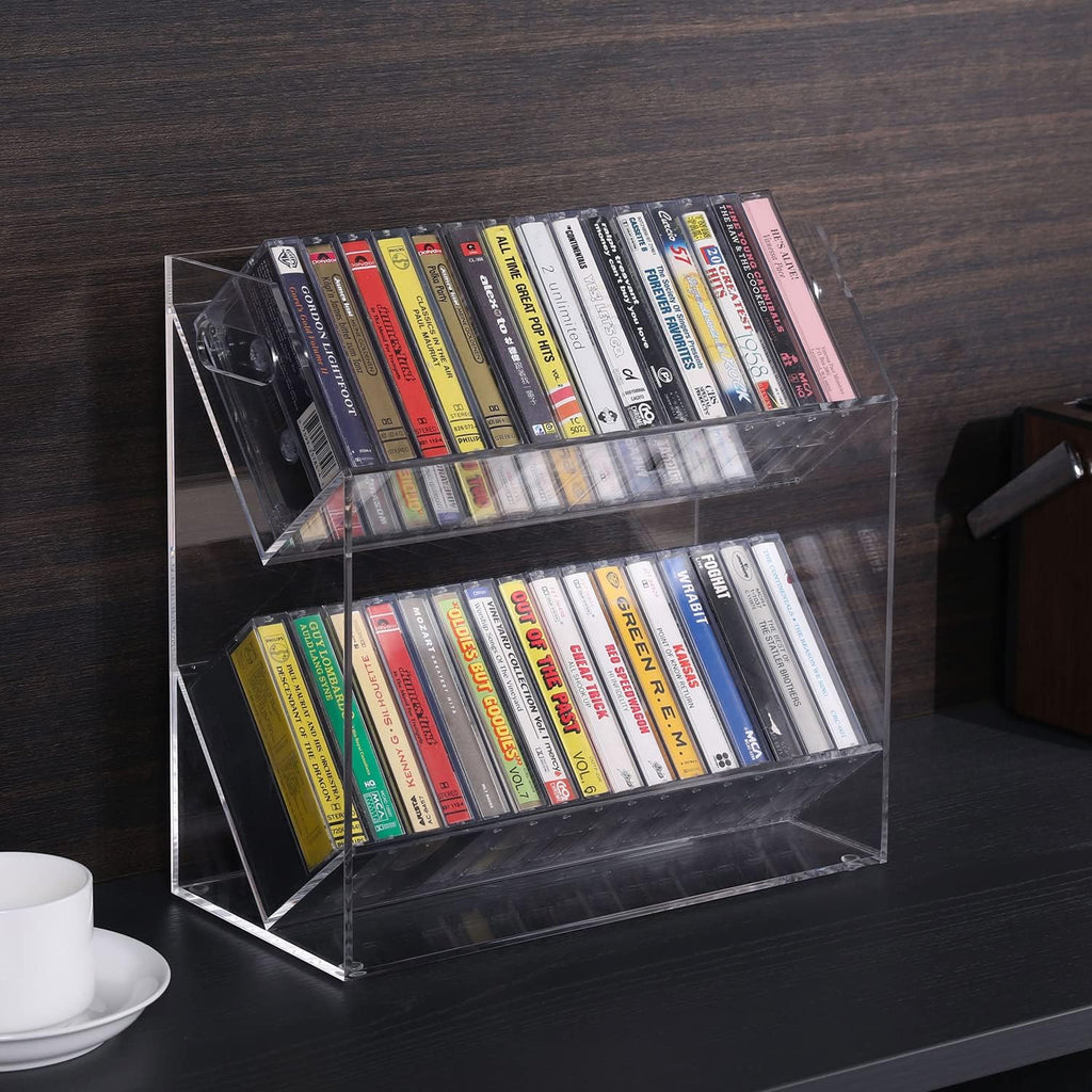 MyGift Clear Acrylic Cassette Tape Holder, 2 Tier Retro Audio Tape Deck Storage Display Case with Cutout Handles