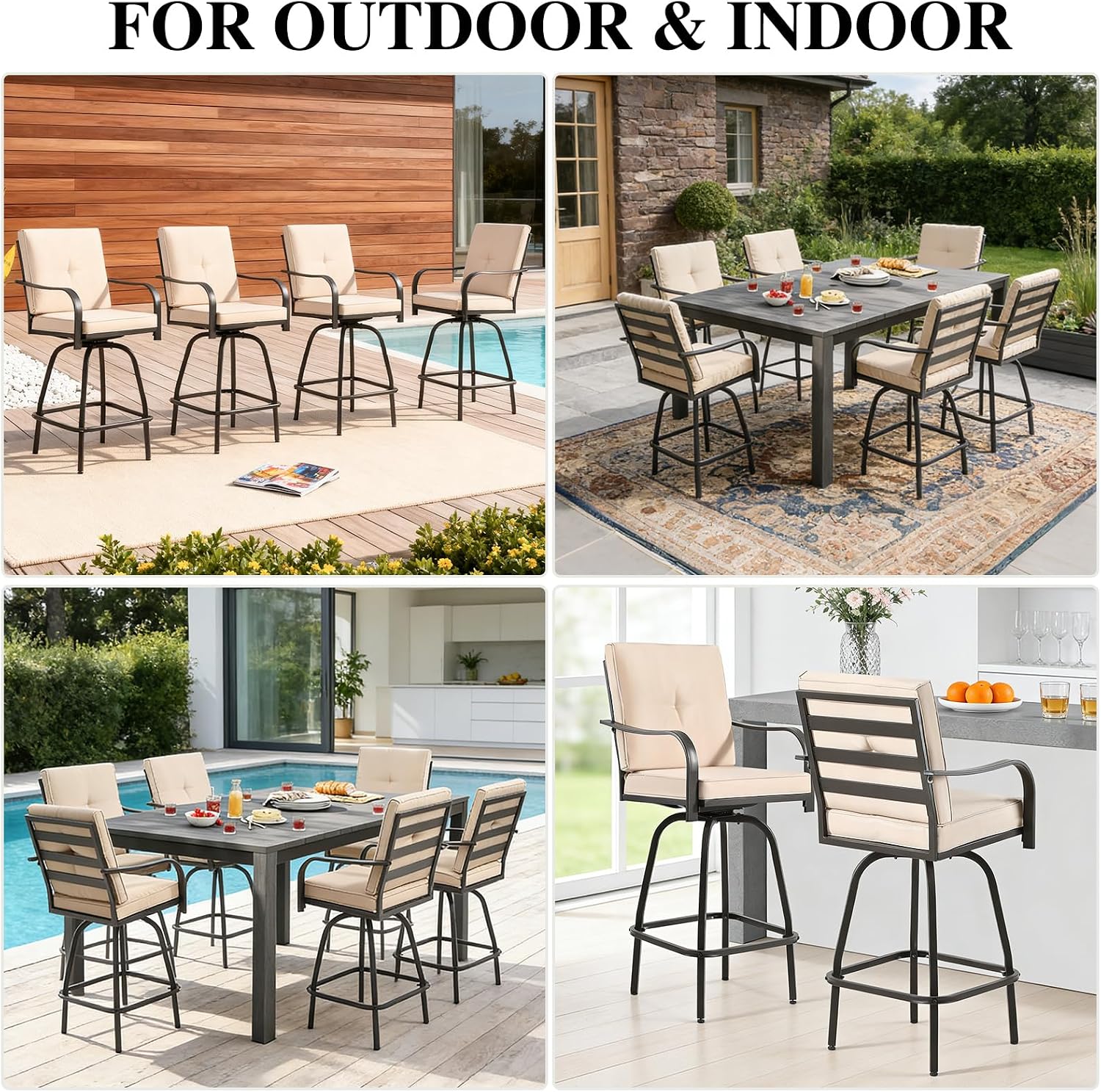 Patio Swivel Bar Stools, Outdoor Bar Height Swivel Chairs Set of 2 with Cushion & All Weather Steel Frame for Backyard, Lawn, Poolside and Balcony, Beige