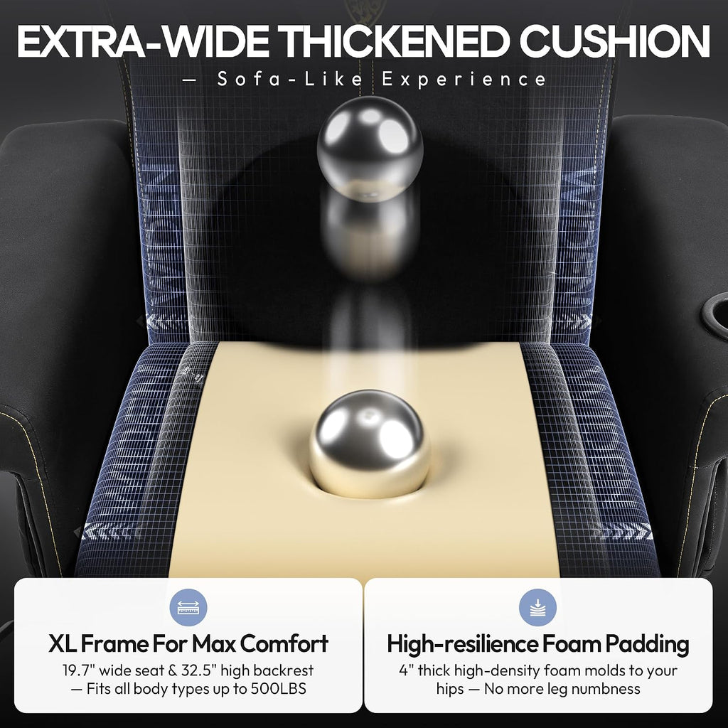 Dowinx Racing Style Gaming Recliner Chair with Massage Lumbar, Footrest, Cup Holder, Side Pouch, High Back Ergonomic Video Game Chair Reclining No Wheels Heavy Duty, Black Yellow FabricLeather
