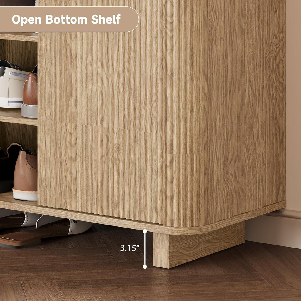 Fluted Entryway Shoe Storage Cabinet with Doors, 5 Tier 39'' Tall Freestanding Modern Shoe Rack Organizer Cabinet with 3 Adjustable Shelves for Hallway, Foyer, Entrance, MDF - Natural