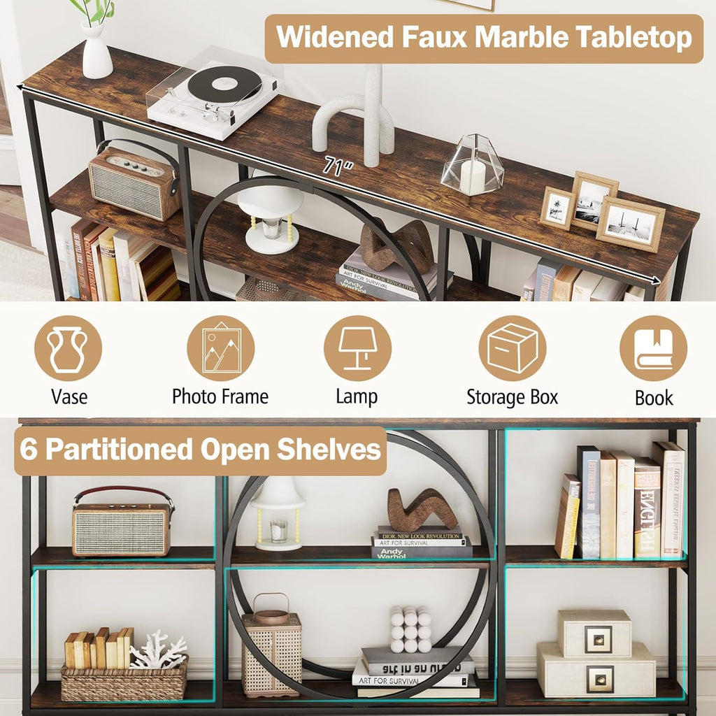 Giantex Narrow Long Console Table, 3-Tier Entryway Table with Faux Wood Grain Top&Heavy-Duty Metal Frame, Mid-Century Accent Sofa Tables with Open Storage Shelves for Living Room, Hallway(Brown+Black)