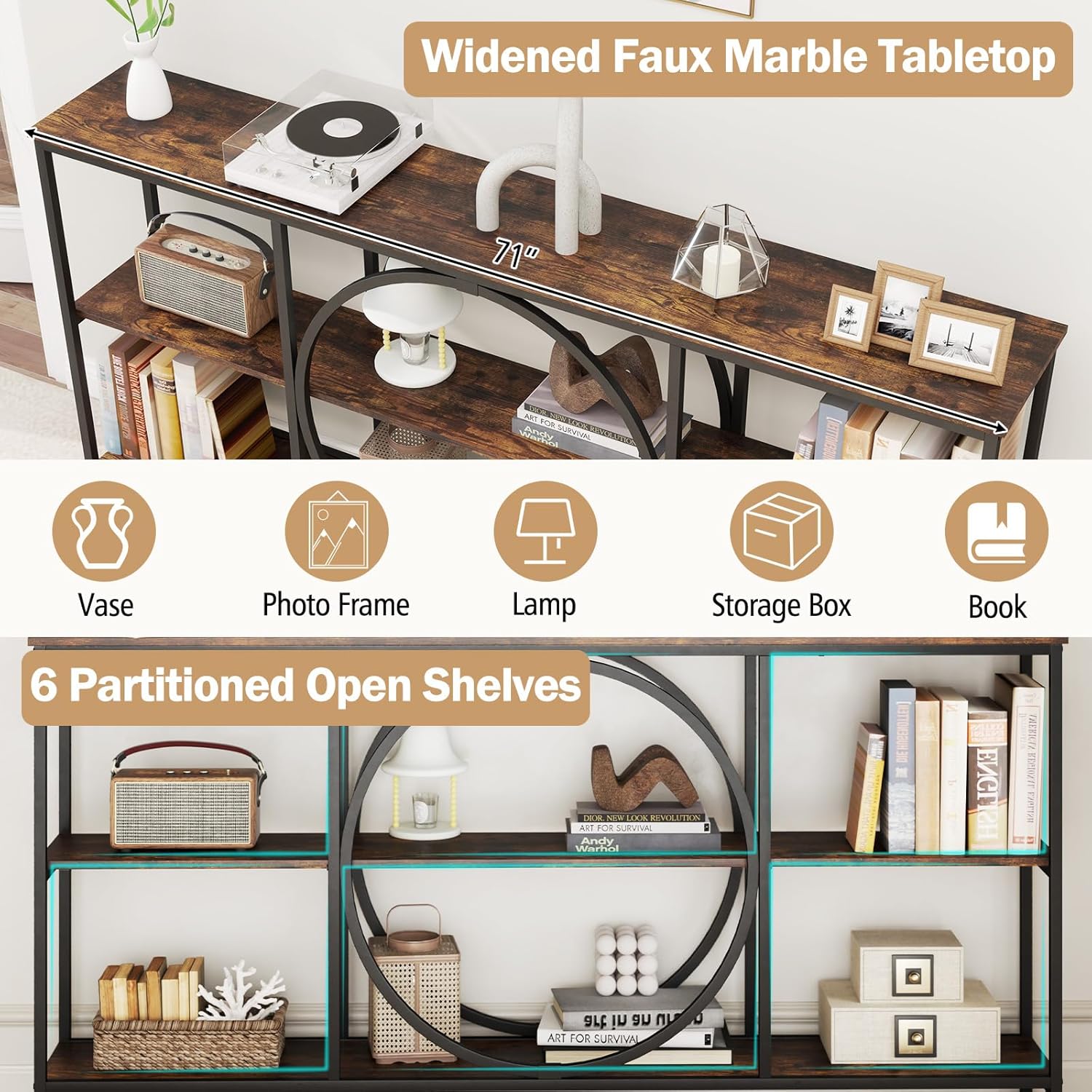 Giantex Narrow Long Console Table, 3-Tier Entryway Table with Faux Wood Grain Top&Heavy-Duty Metal Frame, Mid-Century Accent Sofa Tables with Open Storage Shelves for Living Room, Hallway(Brown+Black)