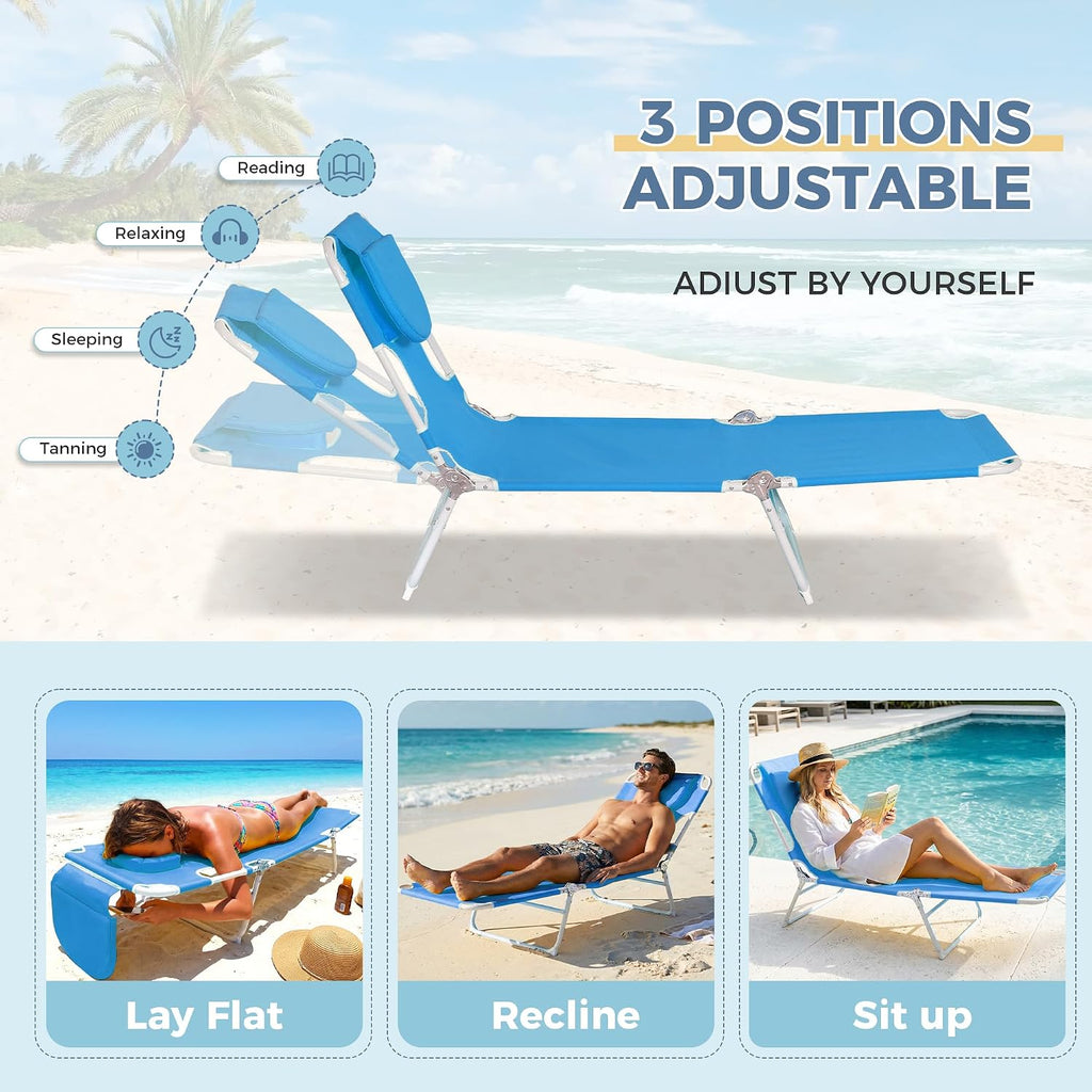 Folding Tanning Chair with Face Hole Set of 2, 3-Position Adjustable Patio Lounge Chair, Outdoor Sunbathing Chaise with Pillow, Portable Lightweight for Beach Pool Lawn Yard, Blue
