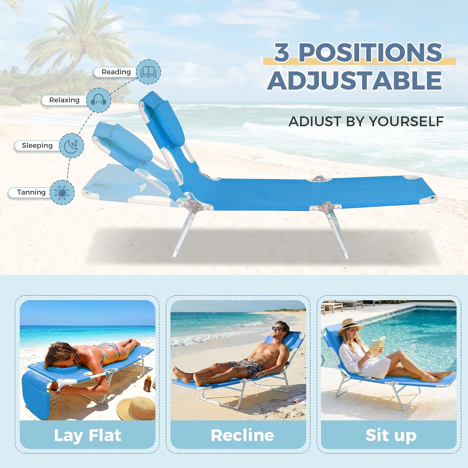 Folding Tanning Chair with Face Hole Set of 2, 3-Position Adjustable Patio Lounge Chair, Outdoor Sunbathing Chaise with Pillow, Portable Lightweight for Beach Pool Lawn Yard, Blue