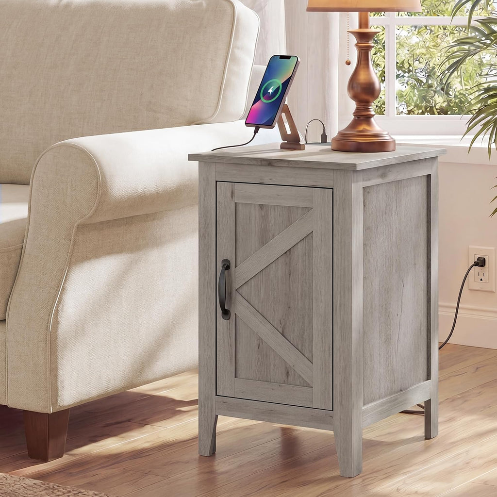 VASAGLE LIRY Collection - End Table with Charging Station, Side Table with Storage Cabinet, Night Stand for Living Room, Bedroom, Home Office, Washed Gray ULET131G101S