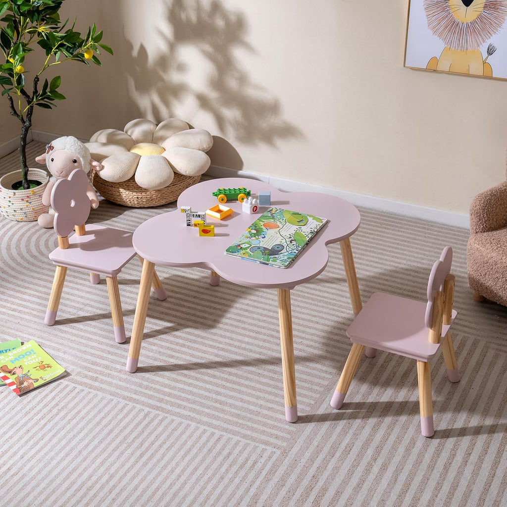 Costzon Kids Table and Chairs, Wooden Toddler Desk Set for Play, Art, Craft, Reading, Learning and Eating, Multi-Activity Table and Chairs for Classroom Daycare Home (Pink, Flower-Shaped)