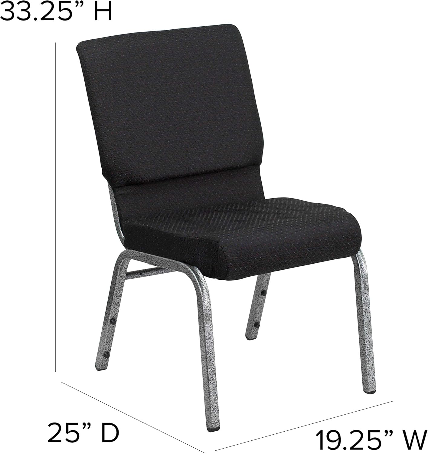 Flash Furniture HERCULES Series 18.5''W Stacking Church Chair in Black Patterned Fabric - Silver Vein Frame, 25"D x 19.25"W x 33.25"H