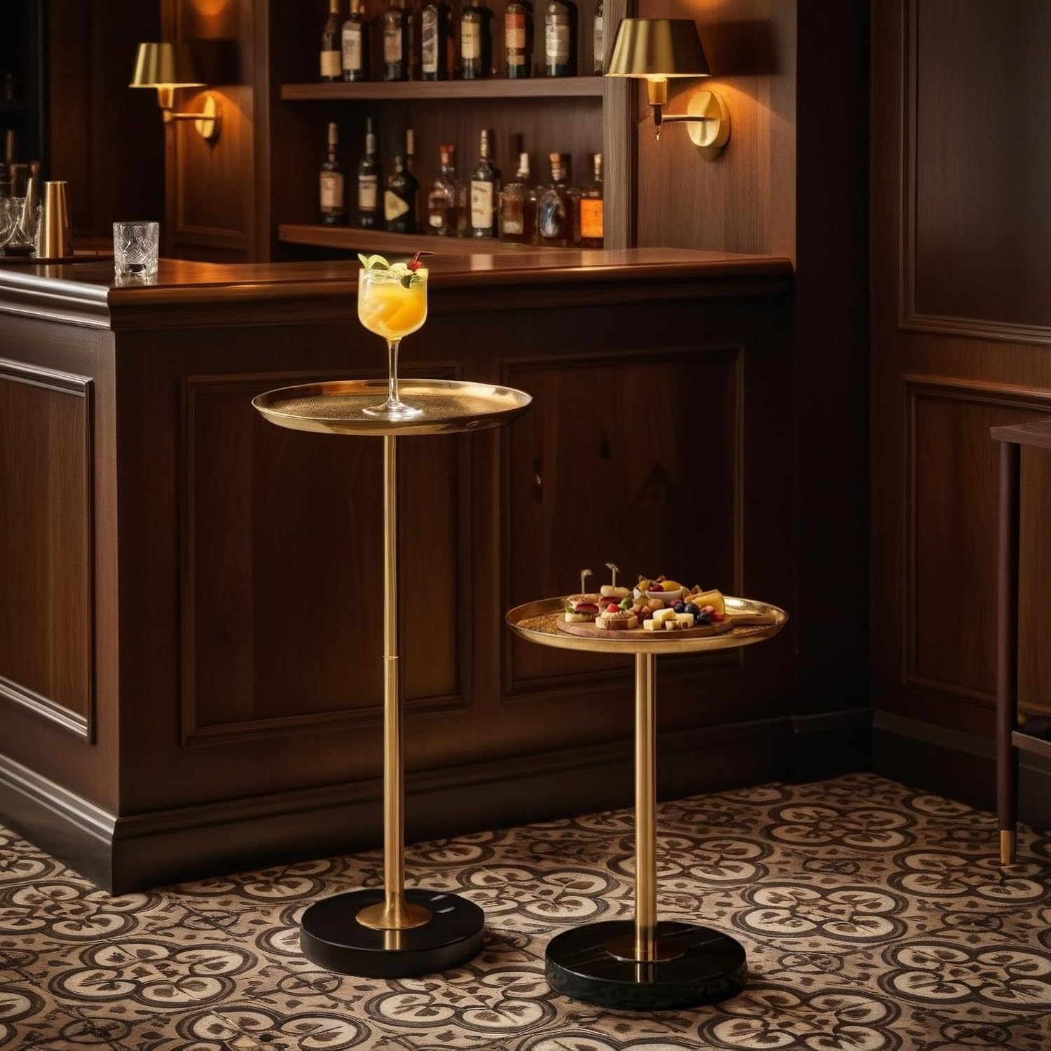 Adjustable Martini Side Table – Small Round Drink Table with Natural Marble Base, Gold Pedestal End Table with Tray Top for Living Room Sofa Bedroom Small Spaces