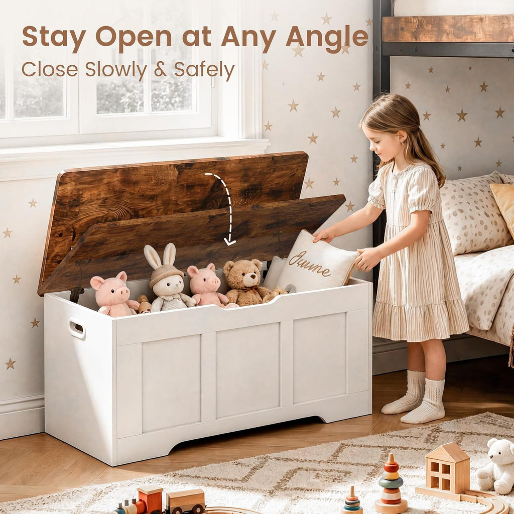 39.4" Wooden Storage Bench with 2 Safety Hinges, Flip Top Trunk for Entryway Hallway Bedroom Living Room, 350lbs Load Capacity, Blanket Organizer, White Walnut
